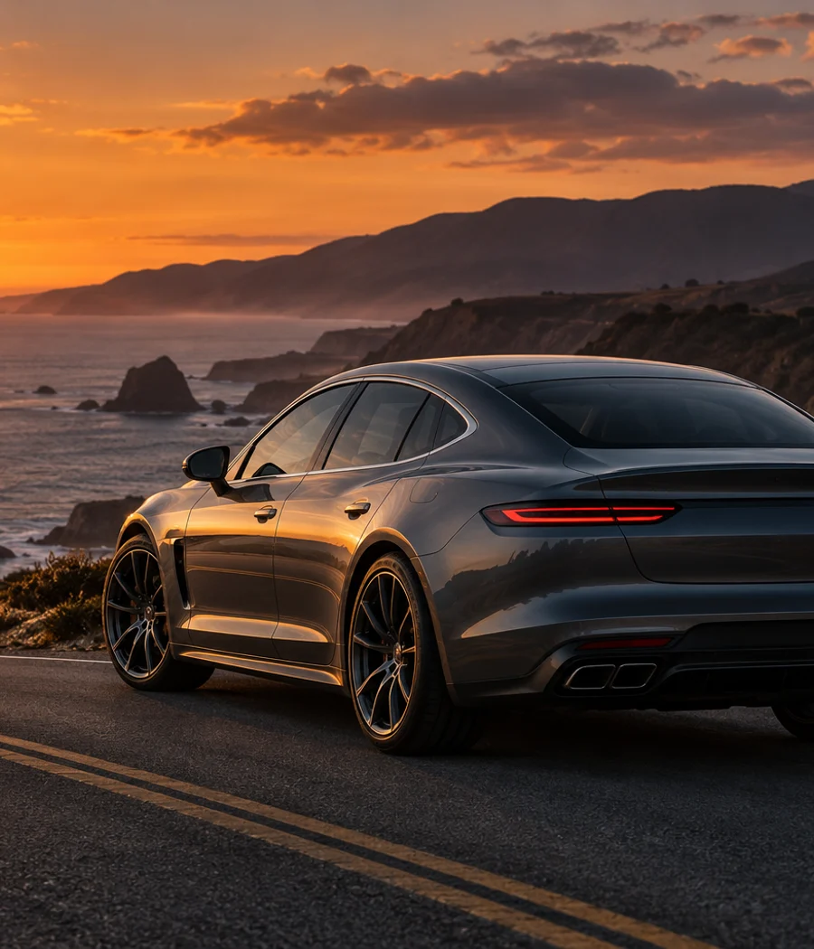 Close detail of a modern car on a coastal road